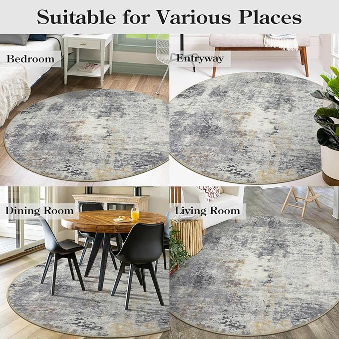 Lahome Modern Abstract Round Rug - 5Ft Grey Living Room Rugs Washable 5x5 Circle Rugs Indoor Dining Table Mat, Soft Non Slip Low Pile Office Carpet for Bedroom Playroom Kitchen Coffee Table