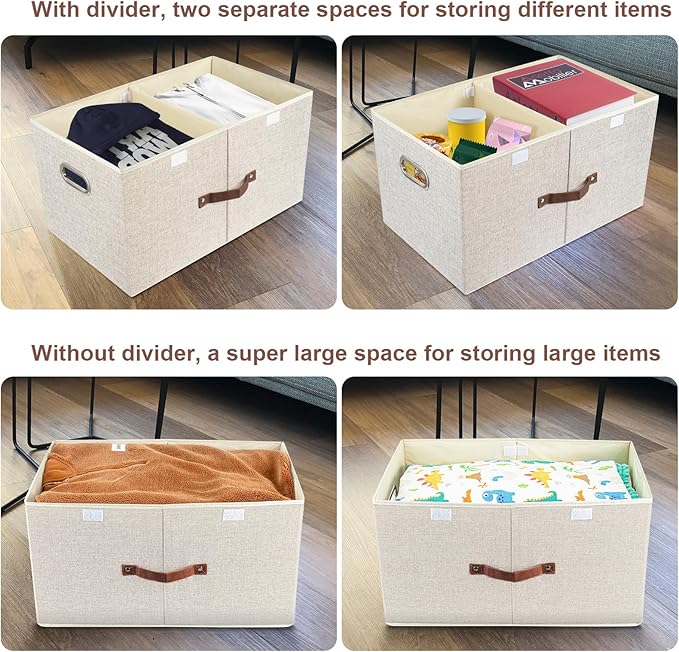 TYEERS Extra Large Collapsible Storage Bins with Lids and Compartments, Washable, Fabric Storage Boxes, 21.7x13x11.8 inches, 2 Pack, Beige