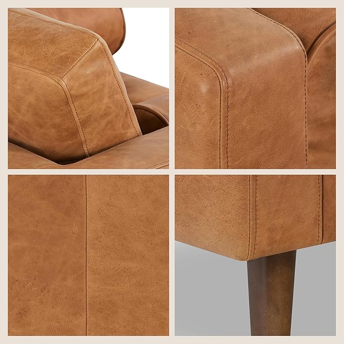 Poly & BARK Napa Leather Accent Chairs 42" – Set of 2 - Mid Century Modern Armchair with Bolster Pillows, Living Room or Bedroom Chair in Cognac Tan