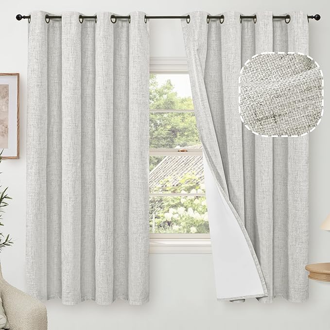 60 Inch Wide Linen Blackout Curtains for Bedroom 63 Inch Length 2 Panels, Total Black Out Thermal Insulated Energy Efficiency Grommet Boho Window Drapes White Liner for Modern Farmhouse, Light Grey