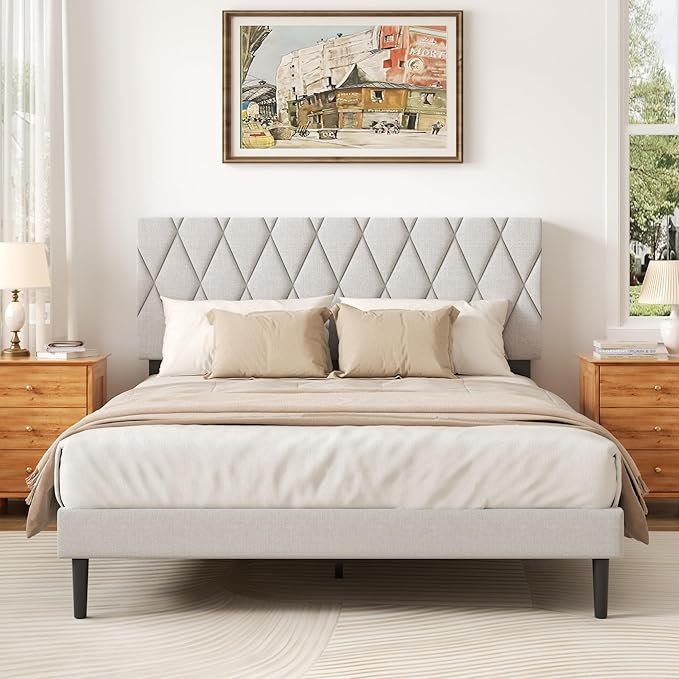 Full Size Bed Frame with Diamond Tufted Headboard, Linen Upholstered Platform Bed and Wooden Slat Support, Noise-Free, No Box Spring Needed, Easy Assembly, Light Grey