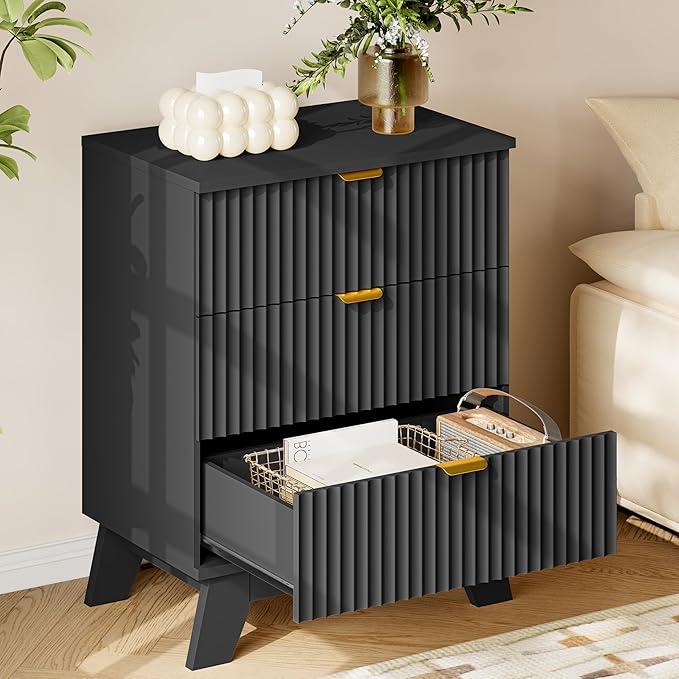 30.5" Nightstand with Charging Station, 3-Drawer Fluted Bedroom Chest, Wood Bedside Dresser with Power Outlets and USB Ports, Metal Slides, Stable Base, Modern Storage Cabinet for Small Spaces