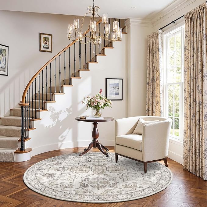 jinchan Round Rug 5ft Area Rug Indoor Vintage Floral Circle 5' Washable Ultra-Thin Low Pile Soft Small Non Slip Distressed Print for Living Room Dining Room Bedroom Entryway Taupe