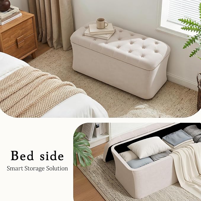 ONBRILL Storage Ottoman Bench, End of Bed Bench, 39.8 x 18.1 x 17.7 Inches Pouf Ottoman Foot Rest, Storage Benches Chest for Bedroom Entryway Living Room, Max 330 lbs, Beige