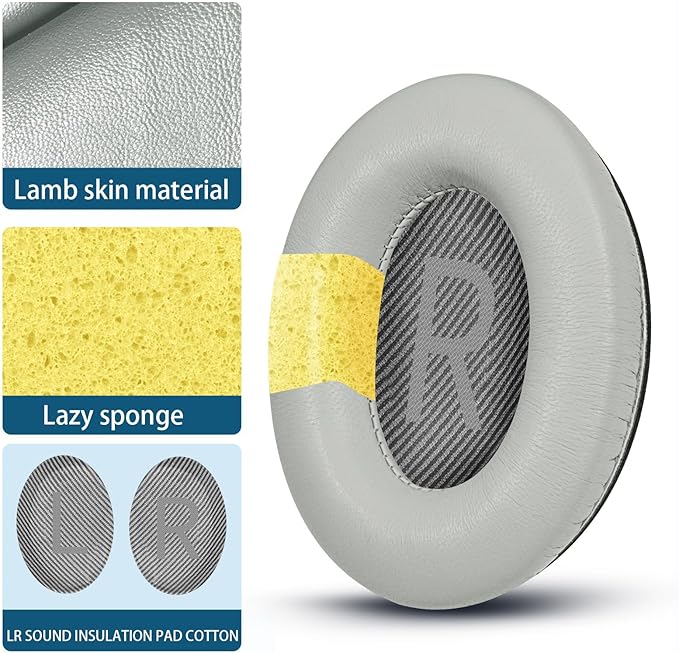 Headphones Replacement Ear Pads, Sheepskin Ear Cushions for Bose QuietComfort 35 (QC35) Improved Durability, Ear Pads Cushions with High-Density Foam, Thickness and Sound Isolation - Gray