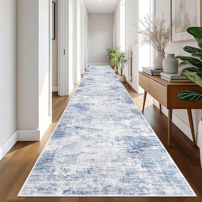 IOHOUZE Abstract Runner Rug 3x20 Ft Extra Long Washable Runners for Hallways, Non Slip Kitchen Runner Printed Faux Wool Entryway Runner Indoor, Modern Floor Carpet for Hall Stair, Light Blue White