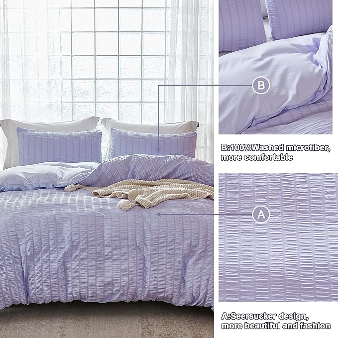 AveLom Lavender Purple Seersucker Duvet Cover Set Full (80 x 90 inches), 3 Pieces (1 Duvet Cover + 2 Pillow Cases), Ultra Soft Washed Microfiber, Textured Duvet Cover with Zipper Closure, Corner Ties