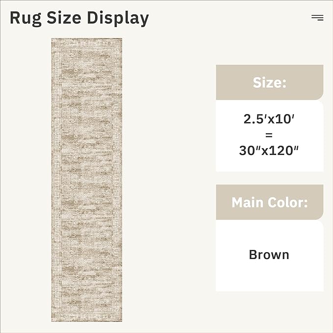 Runner Rug 2'6" x 10' Washable Non-Slip Runner Rugs for Kitchen Bathroom Laundry Room Vintage Ultra Thin Runners for Hallway Entryway Brown