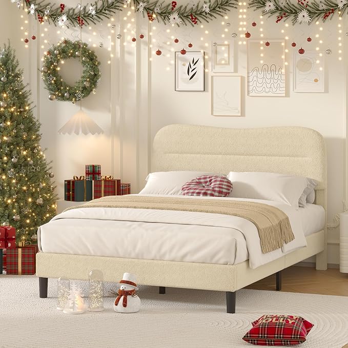 Full Size Bed Frame, Upholstered Cloud Bed Frame with Headboard, Teddy Soft Rounded Corners Boucle Fabric Bed Frame Full, Modern Style, Beige