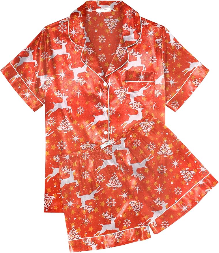 Ekouaer Womens Silk Satin Pajama Sets Soft Short Sleeve Button Down Sleepwear Top and Shorts 2 Piece Pjs Lounge Set