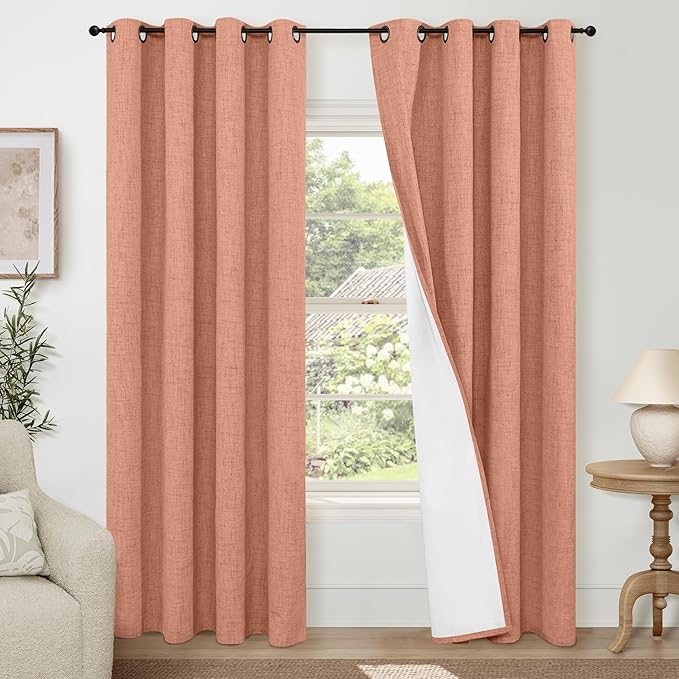 Terracotta Linen Blackout Curtains for Fall Living Room - 84 Inch Long Total Black Out Curtains for Bedroom, Thermal Insulated Room Darkening Light Blocking Curtains Each 52x84 Inch 2 Panels