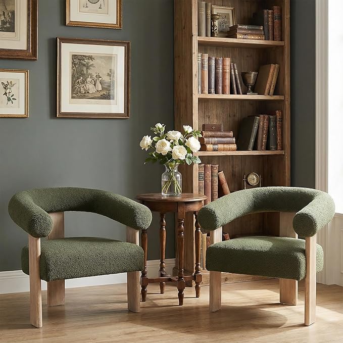 VKNOW Accent Chair Living Room Chairs Set of 2, Modern Upholstered Arm Chair with Solid Wood Legs, Comfy Barrel Accent Chairs for Living Room, Bedroom, Green