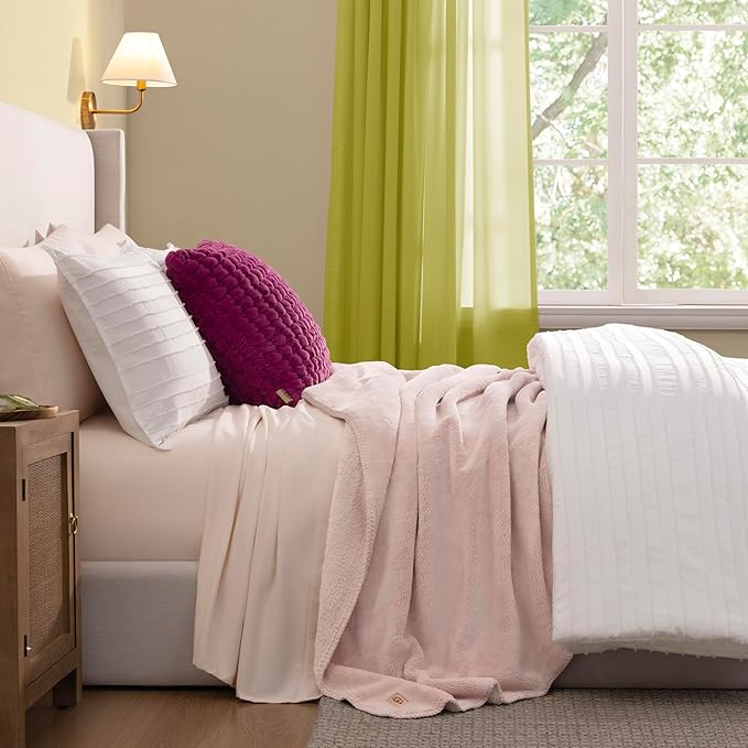 UGG Plush Full/Queen Blanket, Fleece Fluffy Blanket for Bed, Luxury Cozy Oversized Throw for Couch, Washable Hypoallergenic Cute Decor, 90" x 90", Quartz Pink (Whitecap)