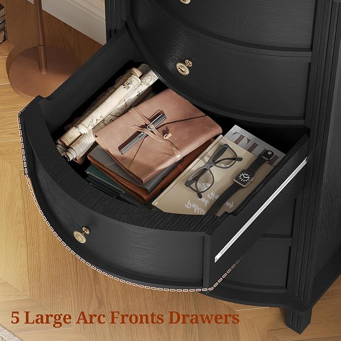 AuraCurve Tall 5-Drawer Chest, Elegant Dresser with Five Arc Fronts, Roman Column Decor, Slim Floor Standing Storage Cabinet, 48.6x23.6x15.7 Inches(Black, 5 Drawer)