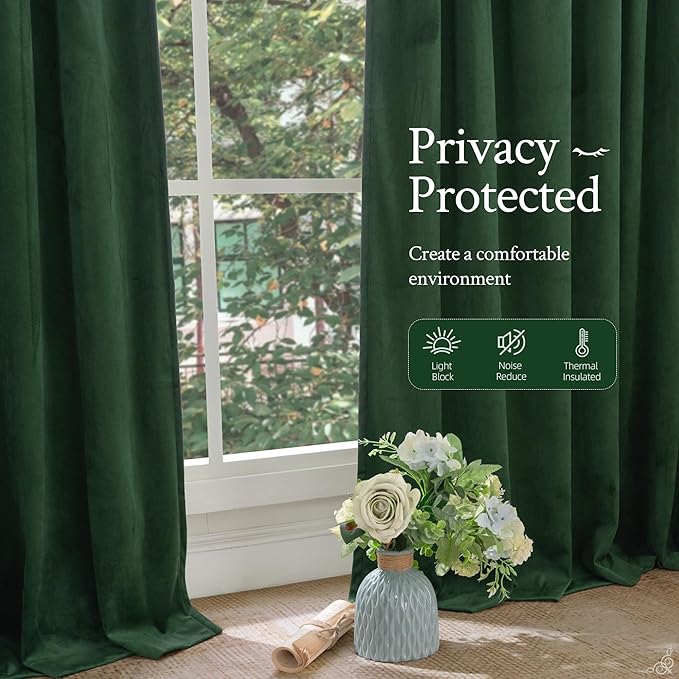 LAMIT Velvet Curtains 108 Inch for Living Room, Thermal Room Darkening Panels Noise Reducing Back Tab and Rod Pocket Christmas Drapes for Bedroom, Set of 2 Panels, Emerald Green, 52 x 108 Inch