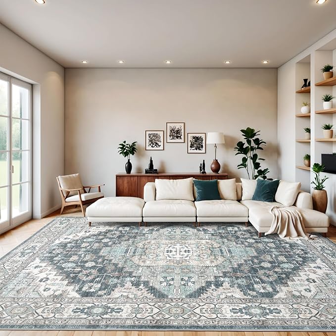 8x10 Vintage Washable Area Rug for Living Room,Low Pile Non Slip Carpet Non-Shedding Large Area Rug Soft Indoor Stain Resistant Rug Boho Print Mat for Bedroom Dining Room Blue Beige Multi