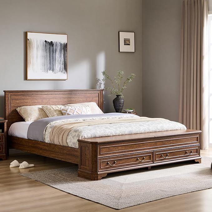 T4TREAM Farmhouse King Bed with Headboard and Storage Bench, Rustic Wood Platform Bed with 80" Storage Chest w/ 4 Large Drawer, Dark Brown