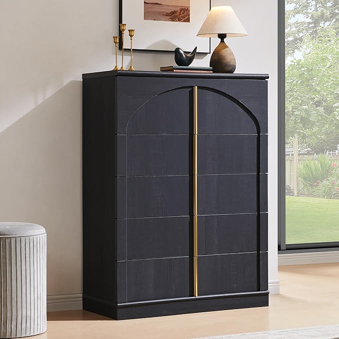 ACCOHOHO Modern 5 Drawer Dresser for Bedroom with Arched Panel,44" Tall Dresser for Closet with Metal Handles,Push-to-Open Wood Storage Closet Dressers Tv Stand for Living Room, Hallway,Black