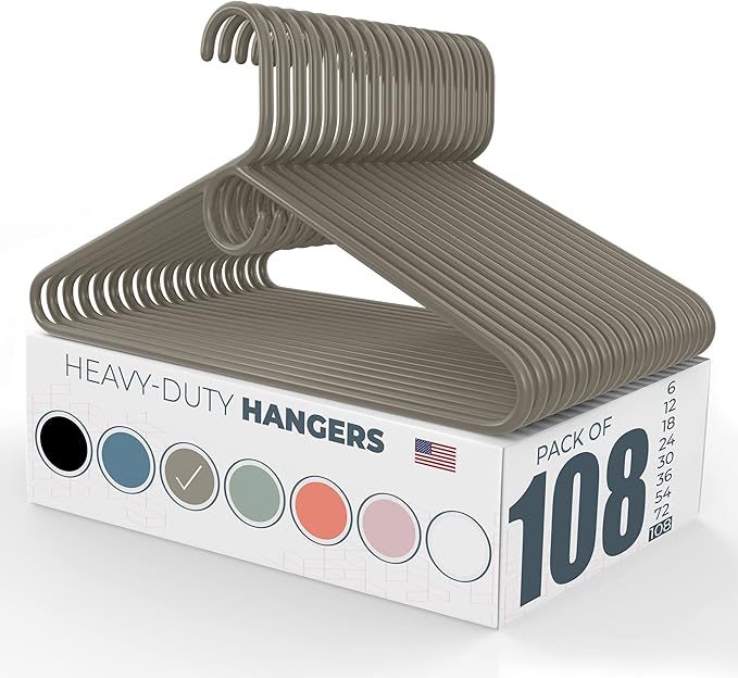 Neaties Heavy Duty Clothes Hangers 100 Pack (108 Count) – Made in The USA – 8lb Capacity Plastic Hangers for Adult Clothing – Durable for Pants, Coats, Jackets, or Jeans – Gray