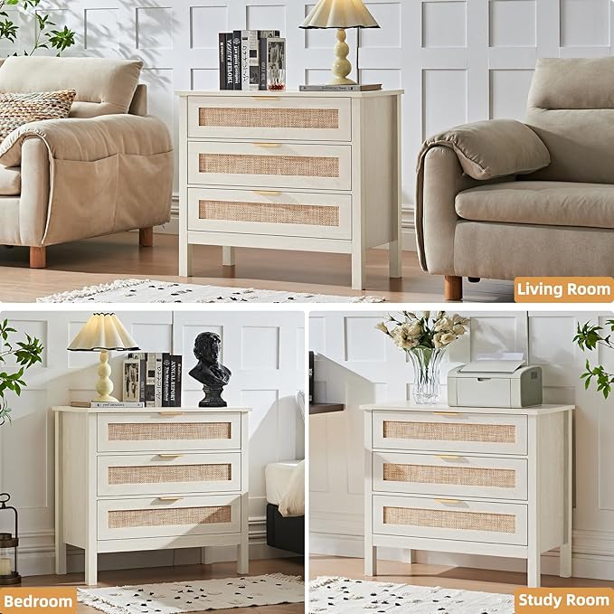 LEYAOYAO 31.5" Wide Rattan Nightstand, Large Boho 3 Drawer Night Stand, Grey White Bedside Table with Storage, Tall Bed Side End Tables, Chest of Drawers Dressers for Bedroom, Living Room, Hallway
