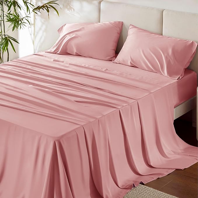 Bedsure Queen Sheet Set, Rayon Derived from Bamboo, Cooling Sheets, Breathable & Soft, Deep Pocket Up to 16 Inches, Hotel Luxury Silky Bedding for Hot Sleepers, Blush Pink