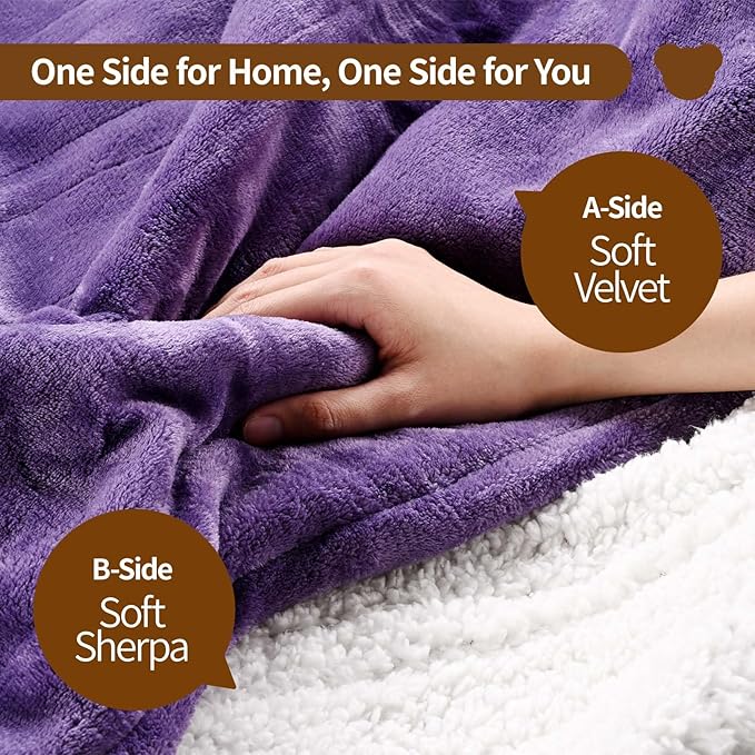 Bearhug Electric Blanket Twin Size 62" x 84", Velvet & Sherpa Purple Heated Blanket, 10 Heating Levels & 0.5-12H Auto Off, Over-Heat Protect, ETL Certification, Machine Washable, Gift Box