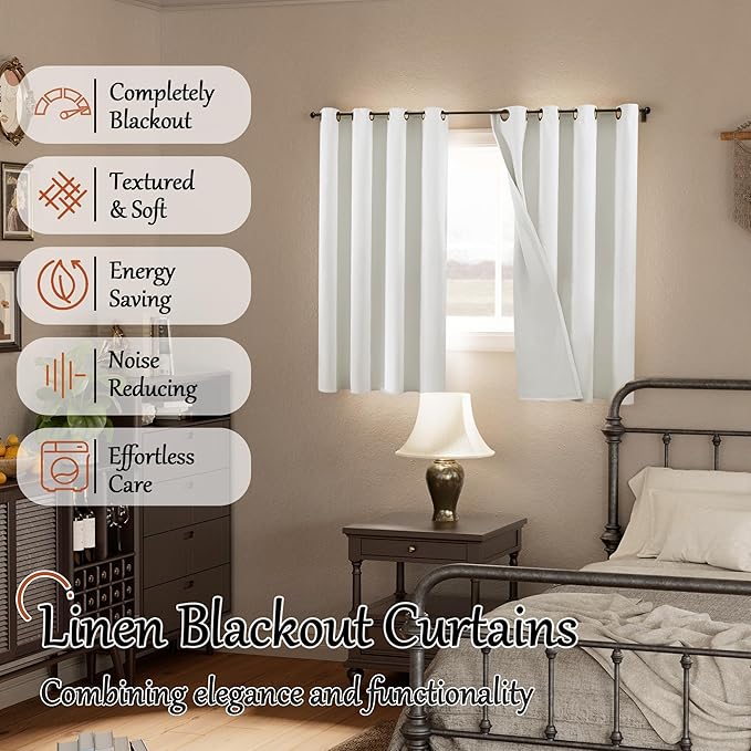 Short Blackout Curtains 45 Inch Length 2 Panels, Thermal Insulated Total Light Blocking Linen Window Curtains for Bedroom Basement Farmhouse Privacy Noise Reducing, Grommet, White, Each 52" Wide