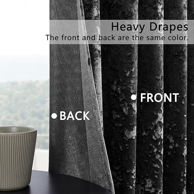 SMILETIME Black Crushed Velvet Curtains 52x96 inch Luxurious Thermal Insulated Soundproof Drapes for Living Room Bedroom Office Soft and Durable Light-Filtering Window Treatments, 2 Panels