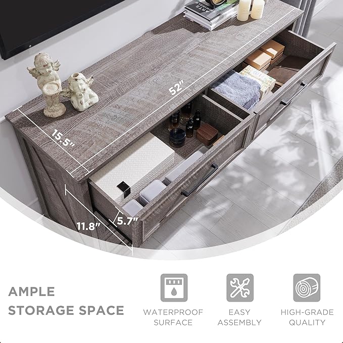 JXQTLINGMU Farmhouse 6 Drawers Dresser for Bedroom, 52'' Wide Large Wood Dressers with Bar Handles, Chests of Drawers with Storage Dressers Organizer for Bedroom, Hallway, Grey