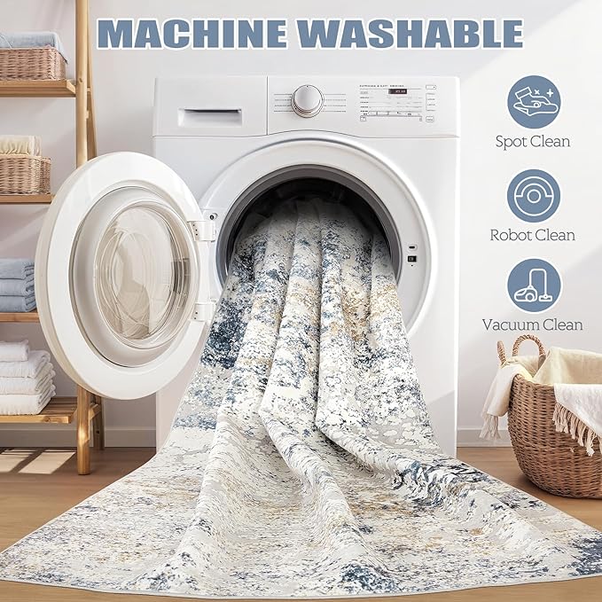 Area Rug Living Room Rugs - 5x8 Abstract Large Soft Indoor Washable Rug Neutral Modern Low Pile Carpet for Bedroom Dining Room Farmhouse Home Office - Beige Blue
