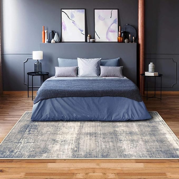 4x6 Rug, Small Area Rug for Living Room, Bedroom, Kitchen, Machine Washable Non-Slip Throw Rug, Modern Abstract Carpet for Entryway Nursery Coffee Table - Durable (Grey/Navy)