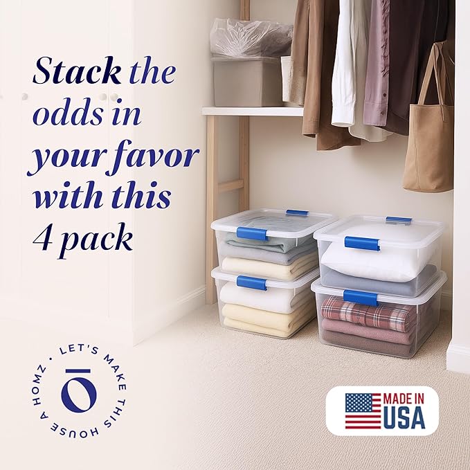 HOMZ 4-Pack 15.5 Quart Latching Lid, Clear Plastic Storage Organizer Bins, Blue – Stackable Containers for Home & Office Shelves, Kitchen, Garage, and Bathroom Organization