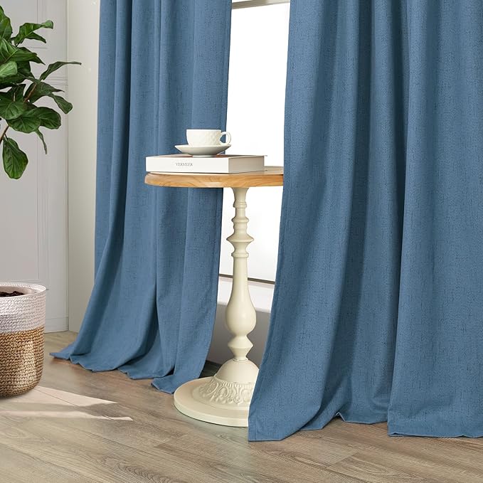 Denim Blue Blackout Drapes 96 Inches Long 2 Panel Burg Cute Linen Textured Modern Farmhouse Living Room Darkening Curtain for Bedroom Viral Sound Deadening Insulated Thermal Back Tab Pleated 96 Length
