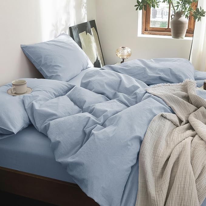 FOSSA Duvet Cover Set 100% Washed Cotton Linen Feel Super Soft Breathable Cozy 3 Pieces Bedding Sets Solid Sky Blue King