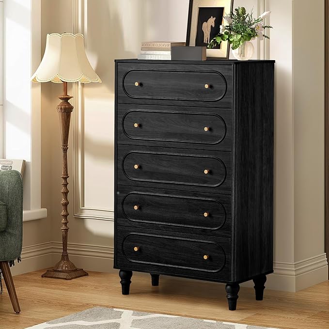 ORRD 5 Drawer Fluted Dresser for Bedroom Set of 2, Mid Century Modern Chest of Drawers, Wood Storage Large Dresser Organizer for Bedroom Living Room Hallway Closet, Black