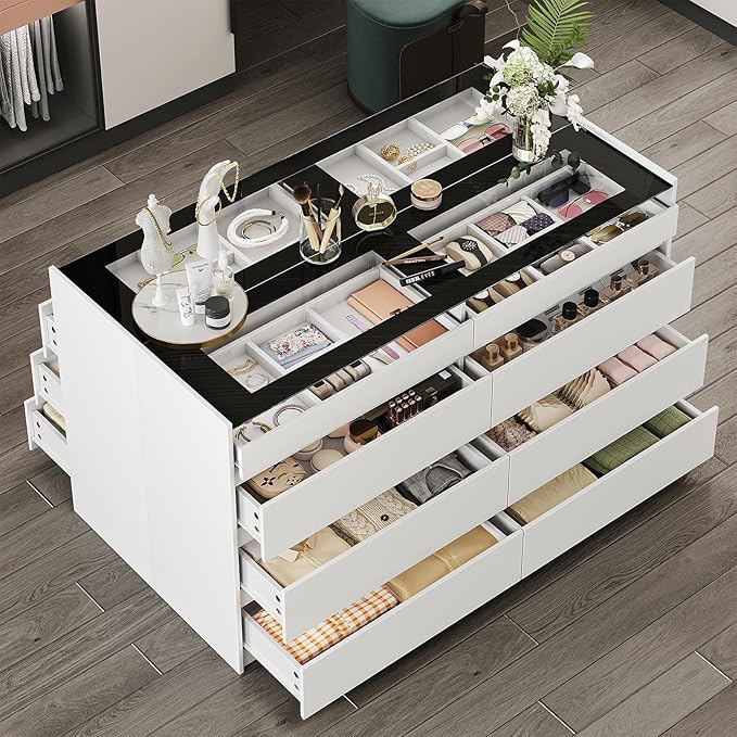 White Dresser for Bedroom Set of 2, 8 Drawer Dresser with Glass Top and LED Light, Modern Chest of Drawers, Jewelry Dressers Display, Dressers Organizer for Bedroom, Closet, Living Room