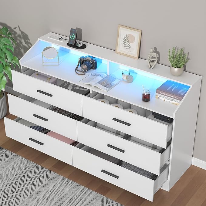 6 Drawer Dresser with Power Outlet, Chest of Drawers with LED Light, Modern Dresser with Open Storage Cubby, Double Wide Dressers Organizer for Bedroom, Living Room, Entryway, Hallway