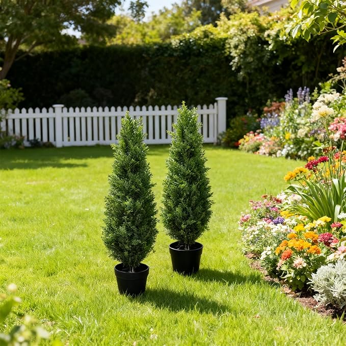 Artificial Topiary Cedar Trees 3FT Tall, Outdoor Indoor Faux Pine Shrubs Plants, Realistic Fake Plants Front Porch Decor, for Front Porch Decor Patio Offices Living Room, Set of 2
