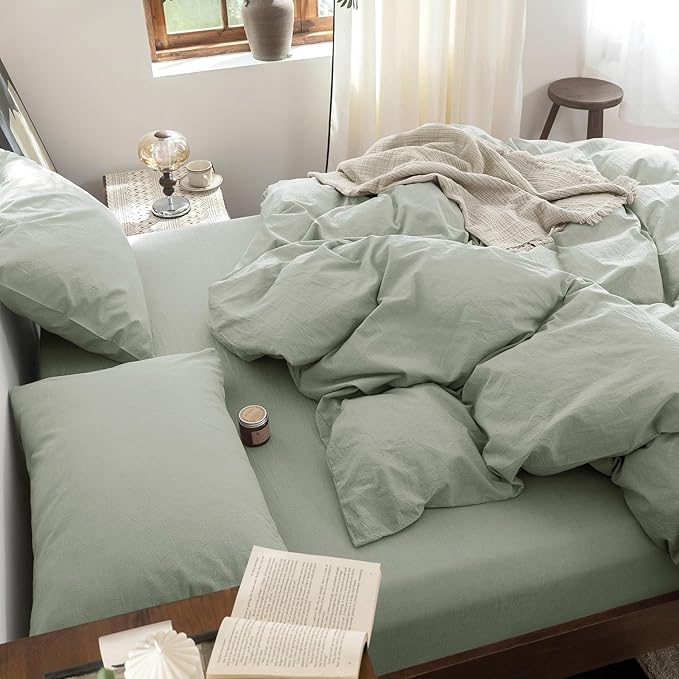 FOSSA Duvet Cover Set 100% Washed Cotton Linen Feel Super Soft Breathable Cozy Simple Style 3 Pieces Bedding Sets Solid Sage Green Oversized King Plus