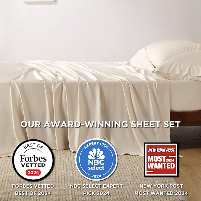 Bedsure Queen Sheet Set, Rayon Derived from Bamboo, Cooling Sheets, Breathable & Soft, Deep Pocket Up to 16", Hotel Luxury Silky Bedding for Hot Sleepers, Light Beige