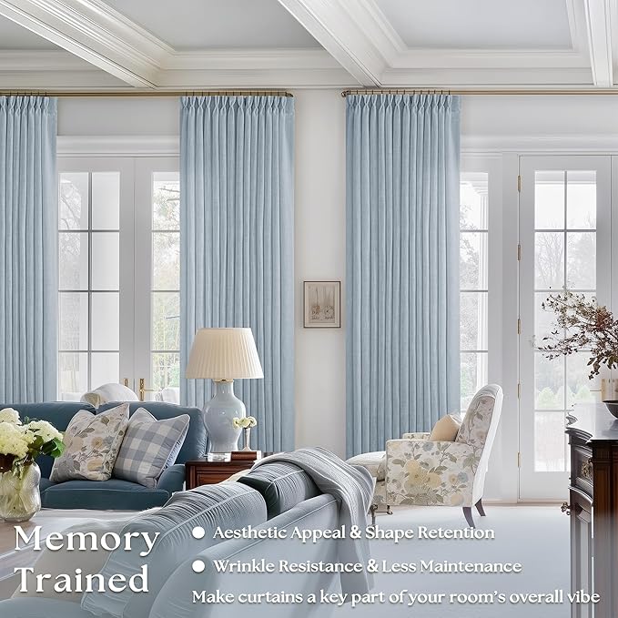 Blue Grey 90 Inch Linen Curtains Pinch Pleated for Living Room Bedroom Dining Boho Coastal Light Filtering Pinch Pleat Drapes Hooks Rings Back Tab Semi Sheer Dusty Blue Window Curtains 2 Panels