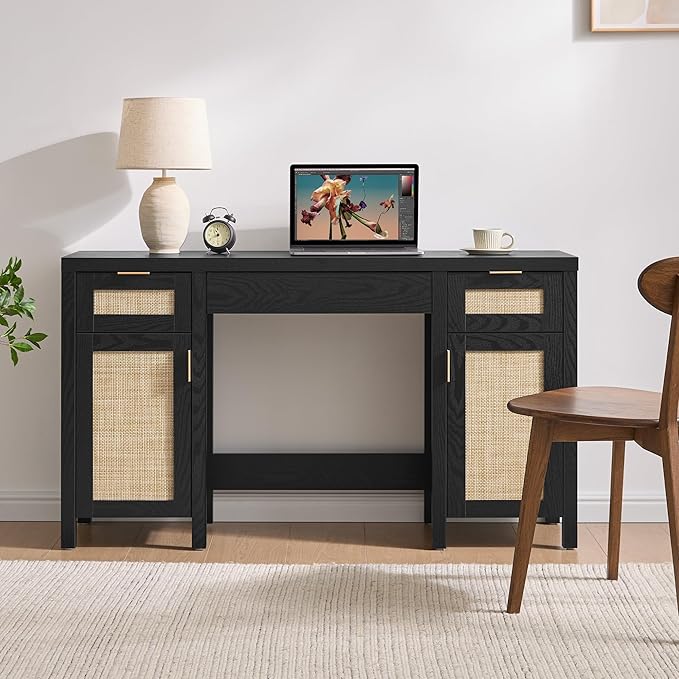 SICOTAS Rattan Vanity Home Office Desk - 52" Large Farmhouse Boho Makeup Vanity Dressing Table with 3 Drawers & 2 Storage Cabinets, Vanities Desk for Makeup Room, Bedroom, Home Office, Black Oak