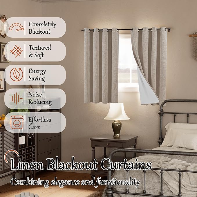 Short Linen Blackout Curtains 45 Inch Length 2 Panels, Thermal Insulated Total Light Blocking Window Curtains for Farmhouse Bedroom Basement, Bronze Grommet, Beige, Each 52" Wide