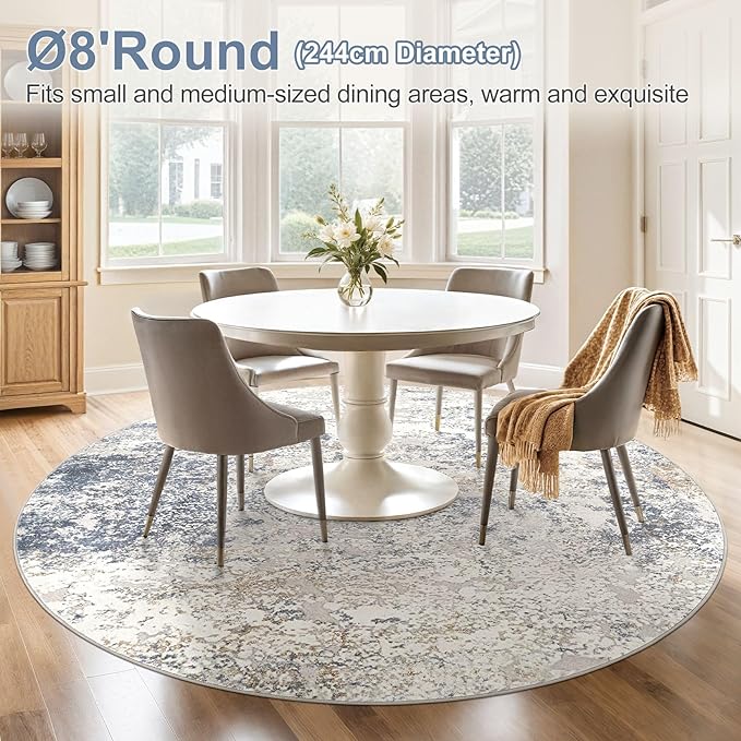 8ft Round Area Rug Living Room Rugs - 8x8 Washable Large Soft Indoor Neutral Modern Abstract Low Pile Rug Carpet for Bedroom Dining Room Farmhouse Home Office - Beige Blue