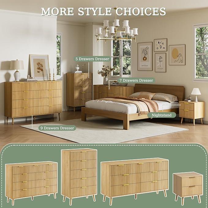 LYNSOM Fluted 9 Drawer Dresser for Bedroom, 55" Wide Modern Chest of Drawers with Curved Profile Design and Metal Handles, Wood Dresser TV Stand & Storage Organizer for Bedroom, Hallway, Oak