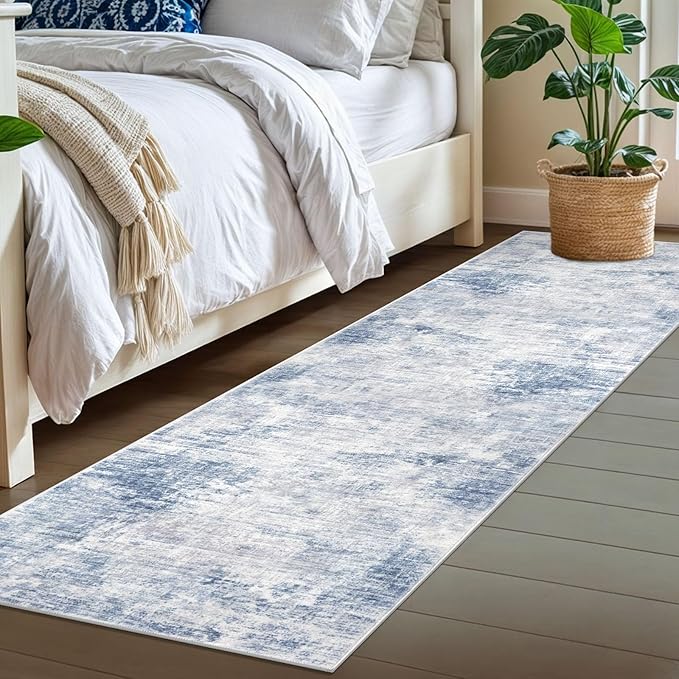 IOHOUZE Abstract Runner Rug 2x7 Ft Washable Runners for Hallways, Non Slip Kitchen Runner Printed Faux Wool Entryway Runners Indoor, Modern Floor Carpet for Hall Kitchen Bedroom, Light Blue White
