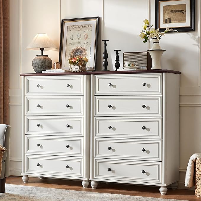 White Dresser for Bedroom, Farmhouse Tall Chest of Drawers Dresser Elegant Large Storage Dressers Organizer with Solid Wood Legs and Metal Handle Closet for Living Room, Hallway Entryway