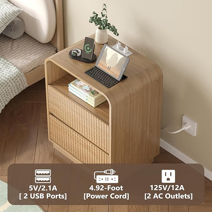 Dresser with 2 Drawers and Charging Station, Fluted Bedside Table with Round Curved Corner, Hidden Handles, 2 AC Outlets and 2 USB Ports, Modern Wood End Table with Open Shelf for Bedroom