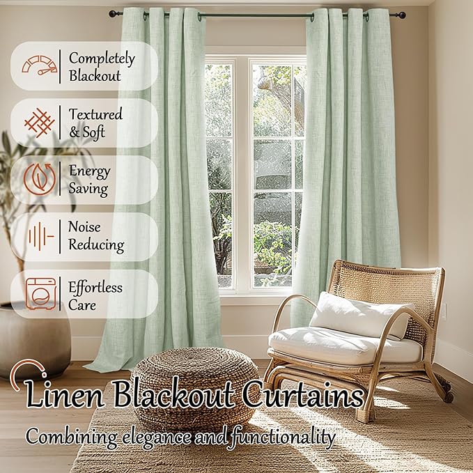Sage Green Blackout Curtains for Bedroom - Linen Curtains 95 Inch Length Thermal Insulated Privacy Burlap Boho Window Drapes for Living Room Scandi Farmhouse Dining, 2 Panels, Each 52" Wide