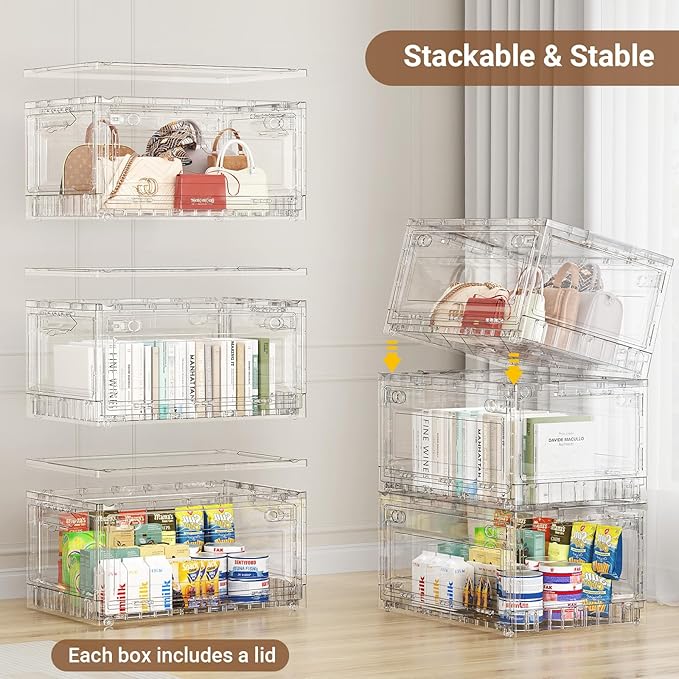 BROVIEW 80Qt Stackable Storage Bins with Lids Wheels, XL Clear Plastic Drawers Foldable Closet Organizers and Storage Cabinet Display Box Shelves with Front & Back Doors, for Home Office Garage,1Pack